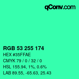 Color code: RGB 53 255 174 | qconv.com