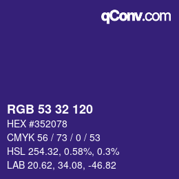Color code: RGB 53 32 120 | qconv.com