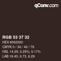 Color code: RGB 53 37 32 | qconv.com