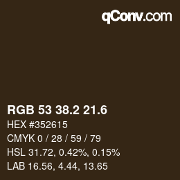 カラーコード: RGB 53 38.2 21.6 | qconv.com