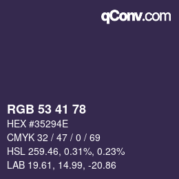 Color code: RGB 53 41 78 | qconv.com