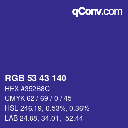 Color code: RGB 53 43 140 | qconv.com