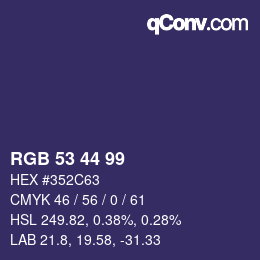 Color code: RGB 53 44 99 | qconv.com