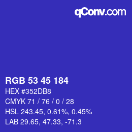 Color code: RGB 53 45 184 | qconv.com