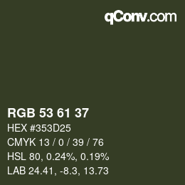 Color code: RGB 53 61 37 | qconv.com