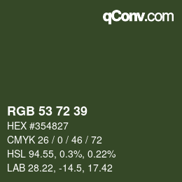 Color code: RGB 53 72 39 | qconv.com