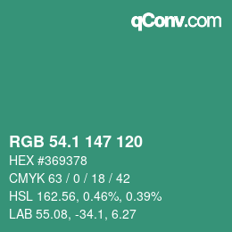 カラーコード: RGB 54.1 147 120 | qconv.com