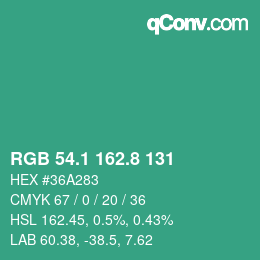 カラーコード: RGB 54.1 162.8 131 | qconv.com