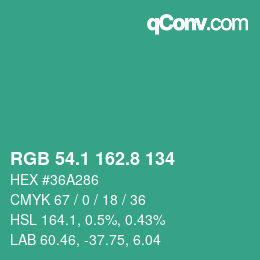 カラーコード: RGB 54.1 162.8 134 | qconv.com