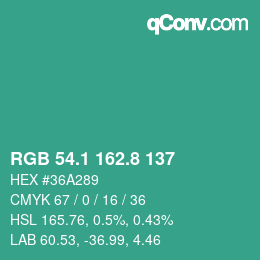 カラーコード: RGB 54.1 162.8 137 | qconv.com