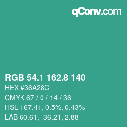 カラーコード: RGB 54.1 162.8 140 | qconv.com