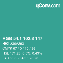 カラーコード: RGB 54.1 162.8 147 | qconv.com