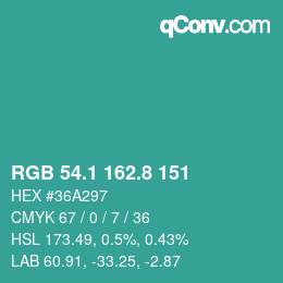 カラーコード: RGB 54.1 162.8 151 | qconv.com