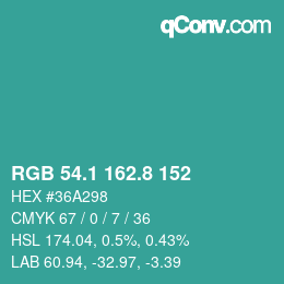カラーコード: RGB 54.1 162.8 152 | qconv.com