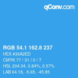 カラーコード: RGB 54.1 162.8 237 | qconv.com