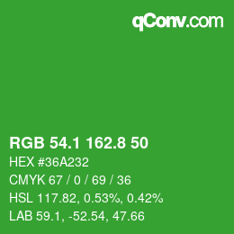 カラーコード: RGB 54.1 162.8 50 | qconv.com