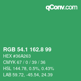 カラーコード: RGB 54.1 162.8 99 | qconv.com