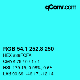 カラーコード: RGB 54.1 252.8 250 | qconv.com