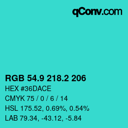 カラーコード: RGB 54.9 218.2 206 | qconv.com