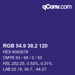 カラーコード: RGB 54.9 38.2 120 | qconv.com