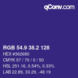 カラーコード: RGB 54.9 38.2 128 | qconv.com