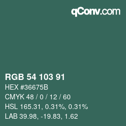 Color code: RGB 54 103 91 | qconv.com