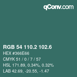 カラーコード: RGB 54 110.2 102.6 | qconv.com