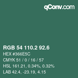 カラーコード: RGB 54 110.2 92.6 | qconv.com