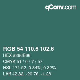 カラーコード: RGB 54 110.6 102.6 | qconv.com