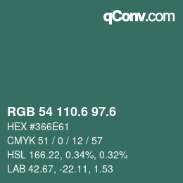 カラーコード: RGB 54 110.6 97.6 | qconv.com