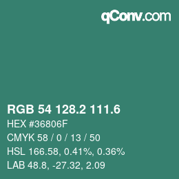 カラーコード: RGB 54 128.2 111.6 | qconv.com