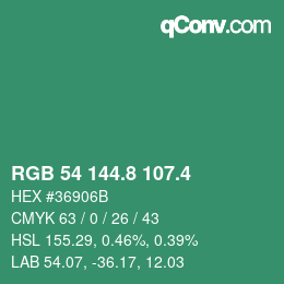 カラーコード: RGB 54 144.8 107.4 | qconv.com