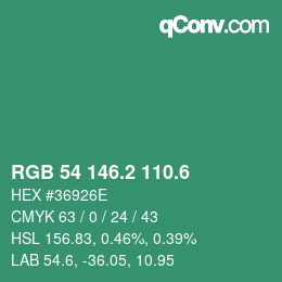 カラーコード: RGB 54 146.2 110.6 | qconv.com