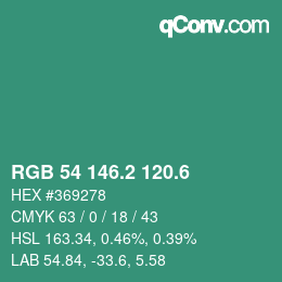 カラーコード: RGB 54 146.2 120.6 | qconv.com
