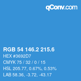 カラーコード: RGB 54 146.2 215.6 | qconv.com