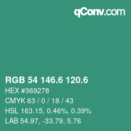 カラーコード: RGB 54 146.6 120.6 | qconv.com