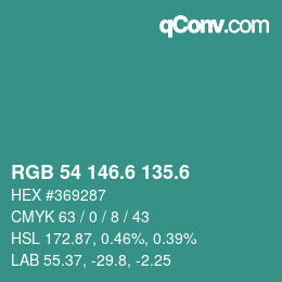 カラーコード: RGB 54 146.6 135.6 | qconv.com