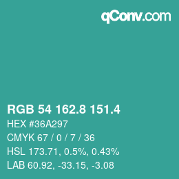 カラーコード: RGB 54 162.8 151.4 | qconv.com