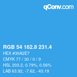 カラーコード: RGB 54 162.8 231.4 | qconv.com