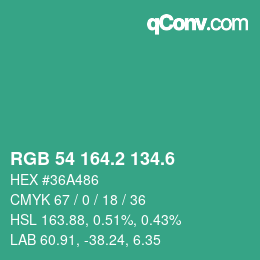 カラーコード: RGB 54 164.2 134.6 | qconv.com