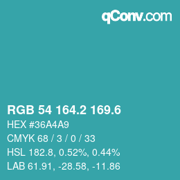 カラーコード: RGB 54 164.2 169.6 | qconv.com