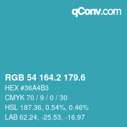 カラーコード: RGB 54 164.2 179.6 | qconv.com