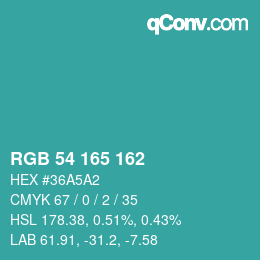 カラーコード: RGB 54 165 162 | qconv.com