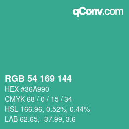 カラーコード: RGB 54 169 144 | qconv.com