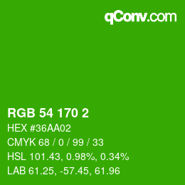 カラーコード: RGB 54 170 2 | qconv.com