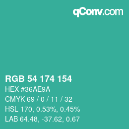 Color code: RGB 54 174 154 | qconv.com