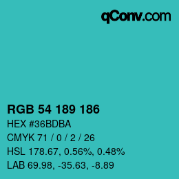 Color code: RGB 54 189 186 | qconv.com