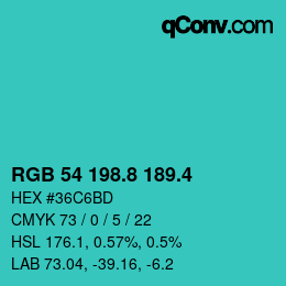 カラーコード: RGB 54 198.8 189.4 | qconv.com