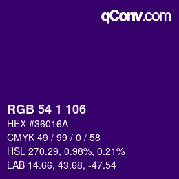 颜色代码: RGB 54 1 106 | qconv.com