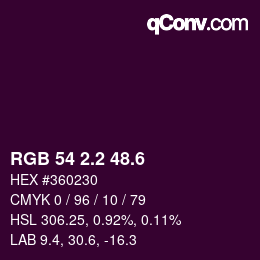 カラーコード: RGB 54 2.2 48.6 | qconv.com